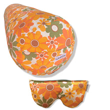 retro floral daisy orange yoga bolster cushion and eye pillow yogi gift set made using recycled plastic and organic lavender by Wobble Yoga