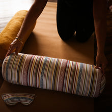 round yoga bolster cushion with tropical print – firm support for yoga, Pilates, and meditation practice
