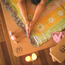Retro Daisy Garden Yoga recycled cotton rug Blanket by Wobble Yoga. Designed in Australia.