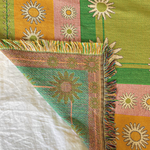 Retro Daisy Garden Yoga recycled cotton rug Blanket by Wobble Yoga. Designed in Australia.