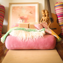 Pink velvet round yoga bolster by Wobble Yoga. Recycled plastic sustainable. Designed in Australia.