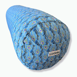 blue peacock feather round yoga bolster by Wobble Yoga