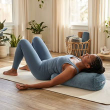Blue Velvet Yoga Bolster round sustainable made with recycled plastic by Wobble Yoga Australia handmade