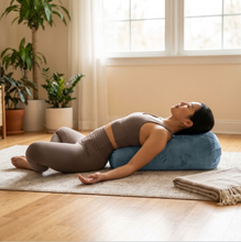 Blue Velvet Yoga Bolster round sustainable made with recycled plastic by Wobble Yoga Australia handmade