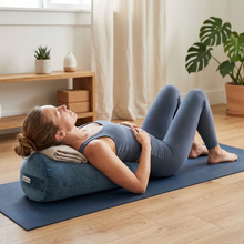 Blue Velvet Yoga Bolster round sustainable made with recycled plastic by Wobble Yoga Australia handmade