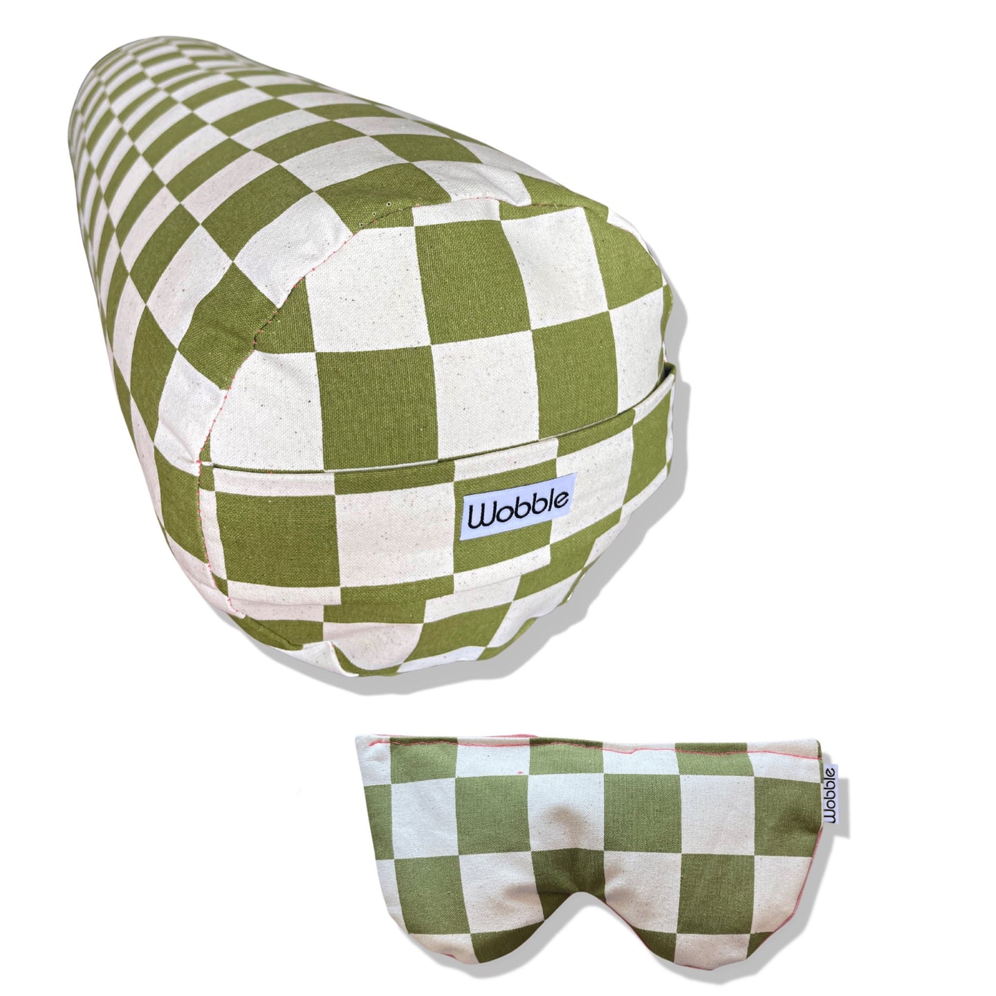 green checkerboard yoga bolster cushion and eye pillow yogi gift set made using recycled plastic and organic lavender by Wobble Yoga