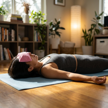 A woman yogi lies on a yoga mat in a sunlit home interior, wearing a Pink Rectangular Eye Pillow wobble yoga yin
