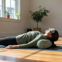 Verdant classic round bolster cushion studio home yin meditation yogi by Wobble Yoga green leaf tapestry sustainable eco-friendly handmade australia australian