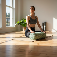 Verdant classic round bolster cushion studio home yin meditation yogi by Wobble Yoga green leaf tapestry sustainable eco-friendly handmade australia australian