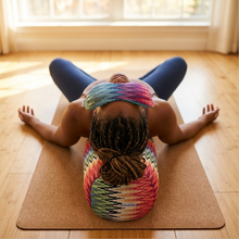 yoga rainbow pattern round bolster cushion relax savasana meditation by wobble yoga australia