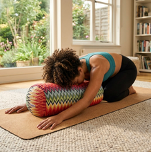 yoga rainbow pattern round bolster cushion relax savasana meditation by wobble yoga australia