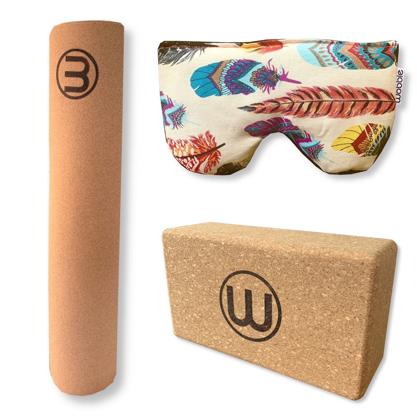 Cork Yoga Mat, Cork Yoga Block and Eye Pillow Set by Wobble Yoga Feather