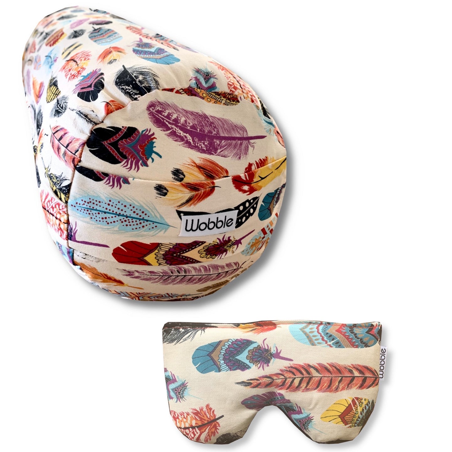 Dream Feather yoga bolster cushion and eye pillow set made using recycled plastic and organic lavender by Wobble Yoga