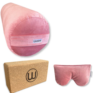 Yoga bolster cushion scented savasana relaxation Eye Pillow and Cork Yoga Block Set handmade with recycled plastic and organic lavender and flaxseed by Wobble Yoga Pink