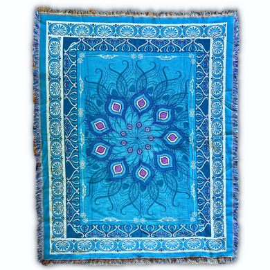 Peacock Feather Recycled cotton rug blue woven Yoga Throw Blanket by Wobble Yoga. Designed in Australia.