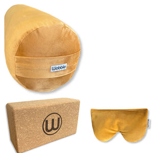 Yoga bolster cushion scented savasana relaxation Eye Pillow and Cork Yoga Block Set handmade with recycled plastic and organic lavender and flaxseed by Wobble Yoga Turmeric