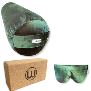 Yoga bolster cushion scented savasana relaxation Eye Pillow and Cork Yoga Block Set handmade with recycled plastic and organic lavender and flaxseed by Wobble Yoga Green