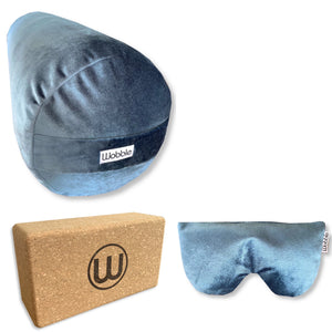 Yoga bolster cushion scented savasana relaxation Eye Pillow and Cork Yoga Block Set handmade with recycled plastic and organic lavender and flaxseed by Wobble Yoga Blue