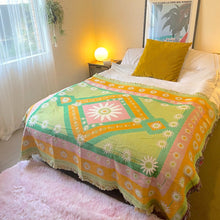 Retro Daisy Garden Yoga recycled cotton rug Blanket bed throw by Wobble Yoga. Designed in Australia.