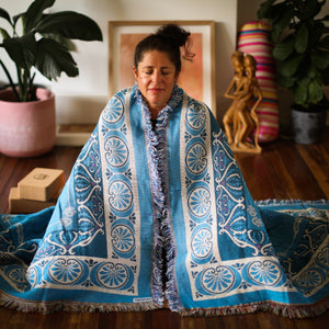 Peacock Feather Recycled cotton rug blue woven Yoga Throw Blanket by Wobble Yoga. Designed in Australia.